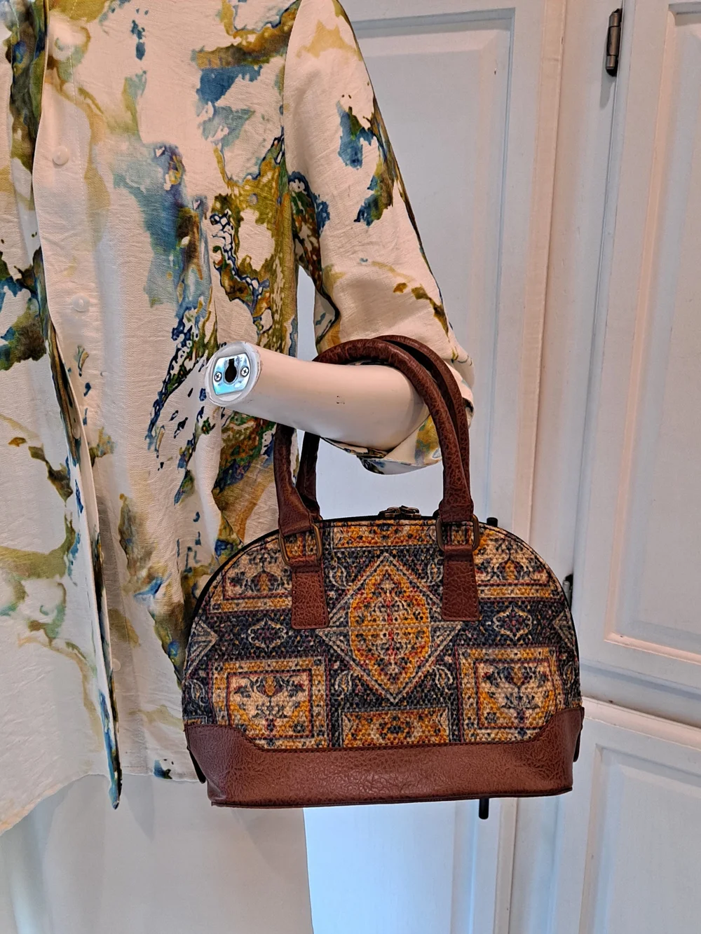 Mona B Brown Blue Multi-Pattern Dome Satchel Kilim Inspired Tapestry Vegan Boho
